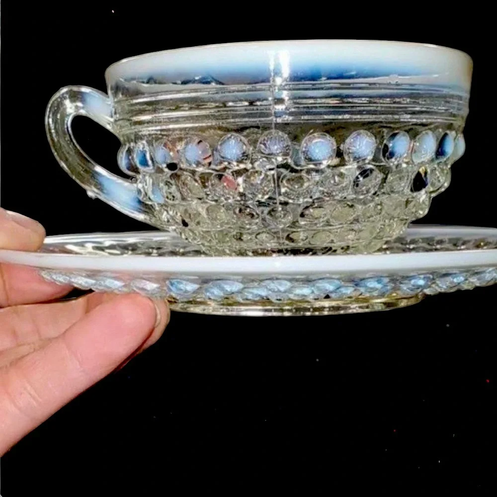Vintage Moonstone Opalescent Cup & Plate Milk Glass Avcents